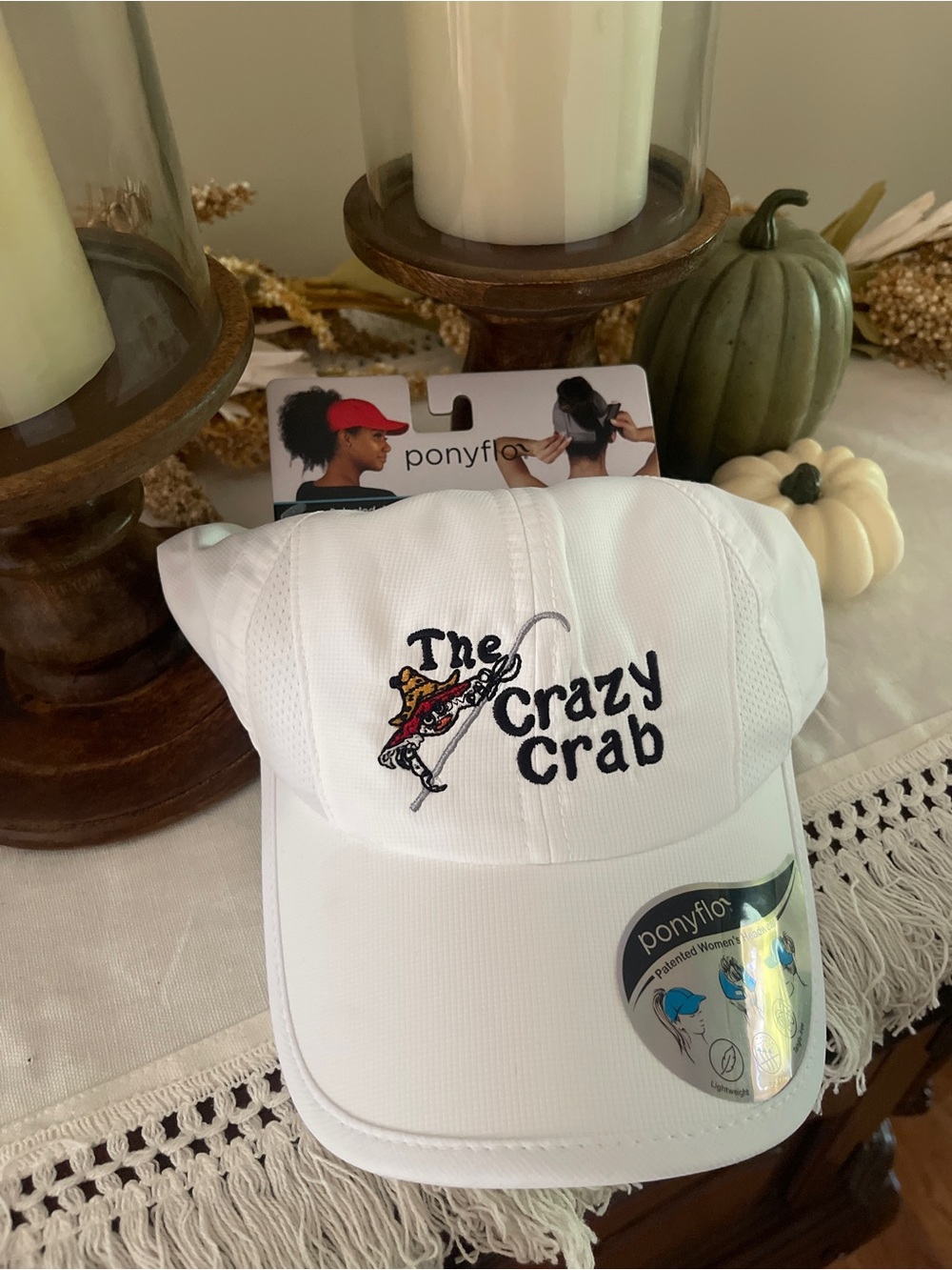 The Crazy Crab Hilton Head Ponyflo Patented Women's White Cap Baseball Hat NEW